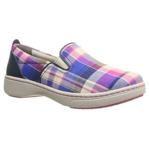 Dansko Women's Belle Slip On Blue Madras Plaid Arch Support Flats, 40